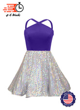 Purple Velvet Top/White Silver Laser Dot Sequin Circle Skirt Show Choir Dress front