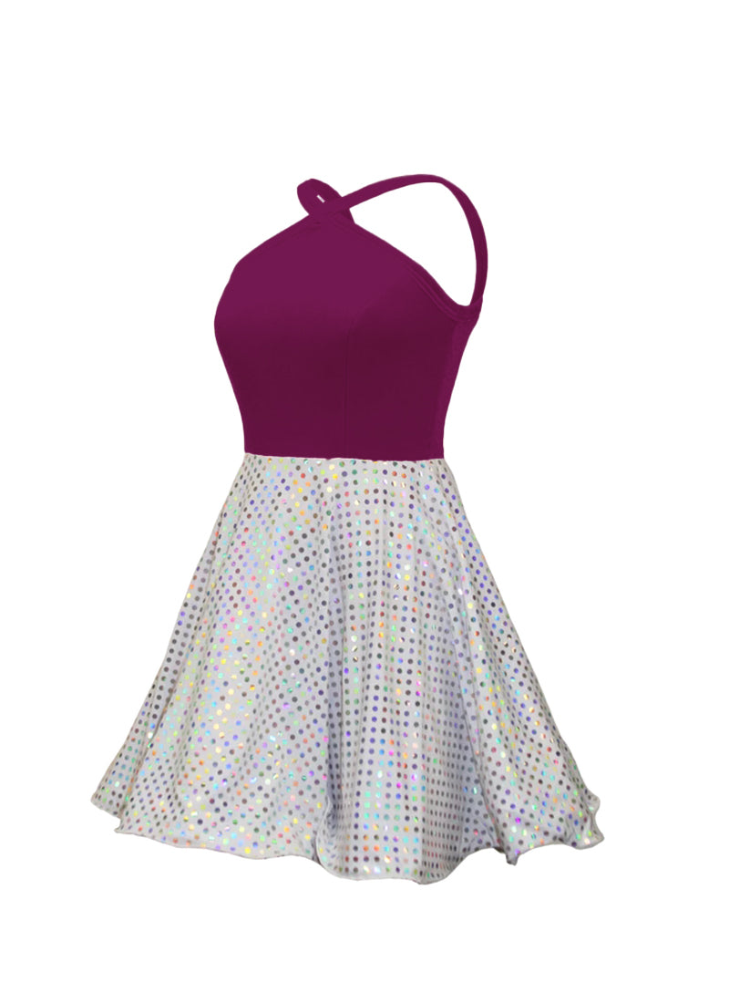 Magenta Velvet Top/White Silver Laser Dot Sequin Circle Skirt Show Choir Dress side