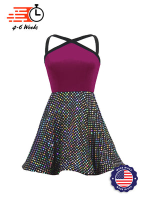 Magenta Velvet Bodice w Black/Silver Laser Dot Sequin Show Choir Dress  front