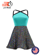 Tiffany Blue Velvet Bodice w Black/Silver Laser Dot Sequin Show Choir Dress - Ships 4 to 6 weeks