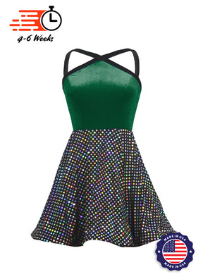 Kelly Green Velvet Bodice w Black/Silver Laser Dot Sequin Show Choir Dress front
