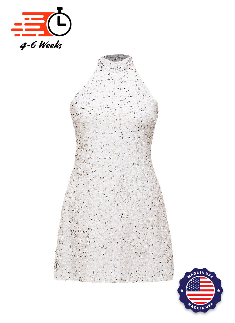 White - Silver Velvet Sequin High Neck A-Line SHIFT Show Choir Dress - - ShowChoirDresses.com White - Silver Velvet Sequin High Neck A-Line SHIFT Show Choir Dress - - ShowChoirDresses.com