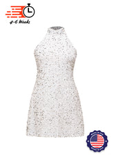 White - Silver Sequin High Neck A-Line SHIFT Show Choir Dress Front View