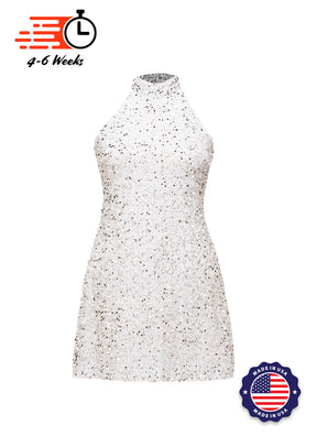 White - Silver Sequin High Neck A-Line SHIFT Show Choir Dress Front View