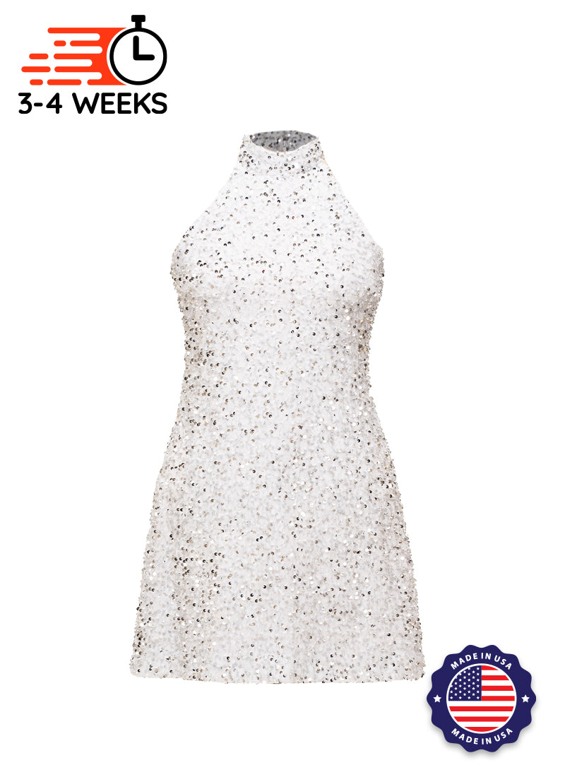 White Velvet Sequin High Neck A-Line SHIFT Show Choir Dress - Ships 4 to 6 Weeks M - White Velvet Sequin High Neck A-Line SHIFT Show Choir Dress - Ships 4 to 6 Weeks M -