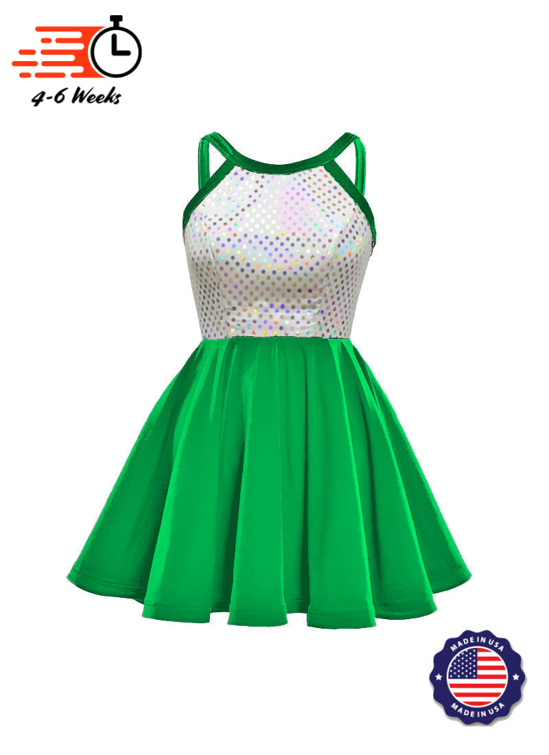 green emerald velvet dress showchoirdresses.com White/Silver Laser Dot & Velvet Show Choir Dress - Greens & Yellows