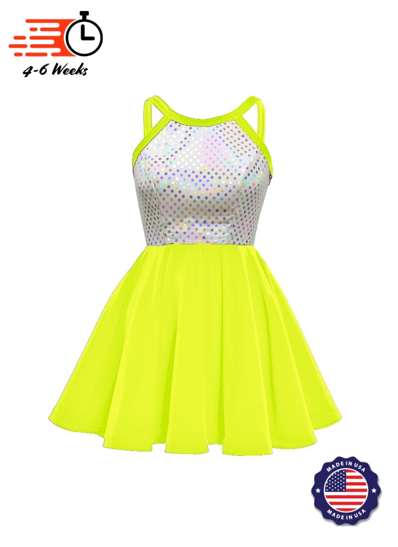 White/Silver Laser Dot & Velvet Show Choir Dress - Neons & Metallics - Ships 4 to 6 weeks Neon Yellow / XL - White/Silver Laser Dot & Velvet Show Choir Dress - Neons & Metallics - Ships 4 to 6 weeks Neon Yellow / XL -