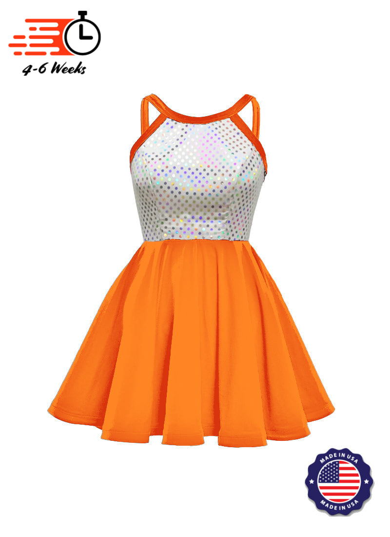 White/Silver Laser Dot & Velvet Show Choir Dress - Reds & Oranges - Ships 4 to 6 weeks Orange / L - White/Silver Laser Dot & Velvet Show Choir Dress - Reds & Oranges - Ships 4 to 6 weeks Orange / L -