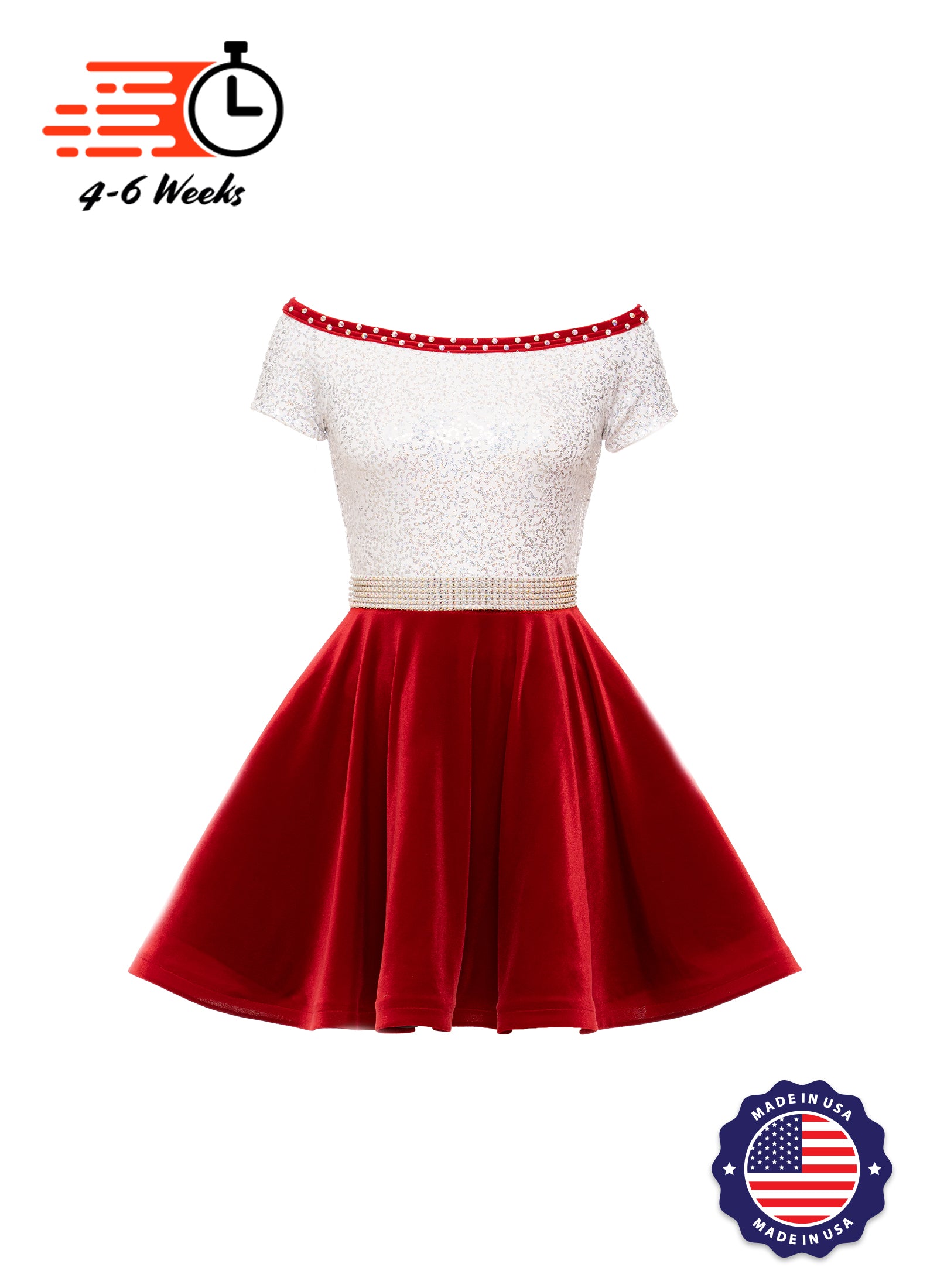 boat neck holiday dress Holiday White/Silver Holo Stretch Sequin Boat Neck DANCER w/ Velvet Skirt and Faux Rhinestone Belt Red / Silver Rhinestone Belt / XL -