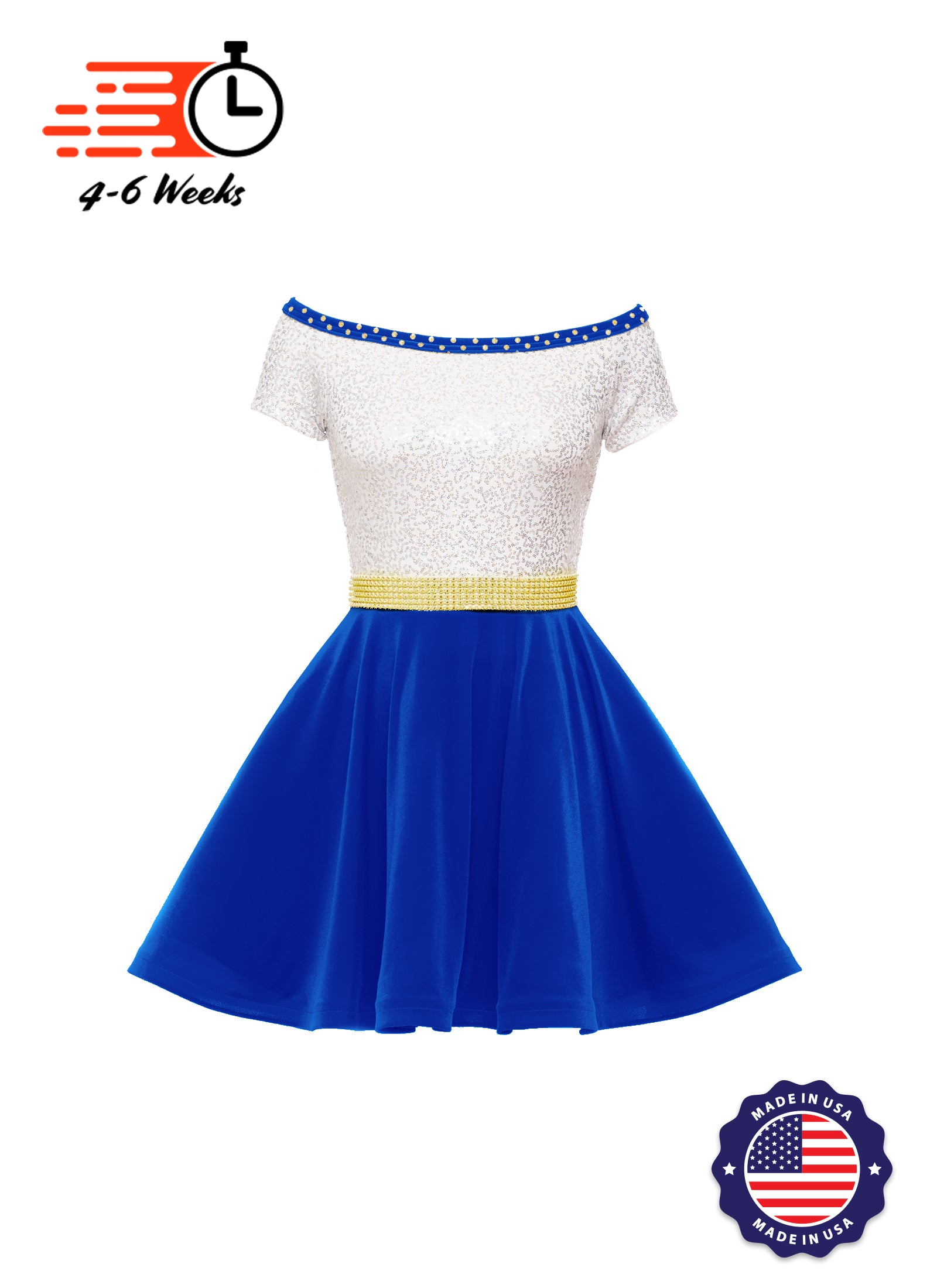 white and gold dress science Holiday White/Silver Holo Stretch Sequin Boat Neck DANCER w/ Velvet Skirt and Faux Rhinestone Belt Royal Blue / Gold Faux Rhinestone Belt / L -