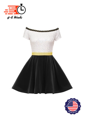 Holiday White/Silver Holo Stretch Sequin Boat Neck DANCER w/ Velvet Skirt and Faux Rhinestone Belt