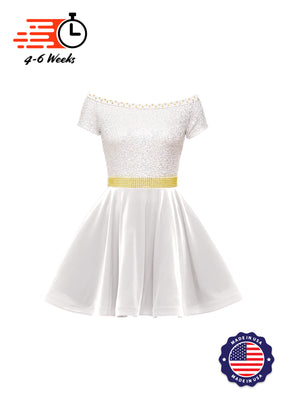 Holiday White/Silver Holo Stretch Sequin Boat Neck DANCER w/ Velvet Skirt and Faux Rhinestone Belt
