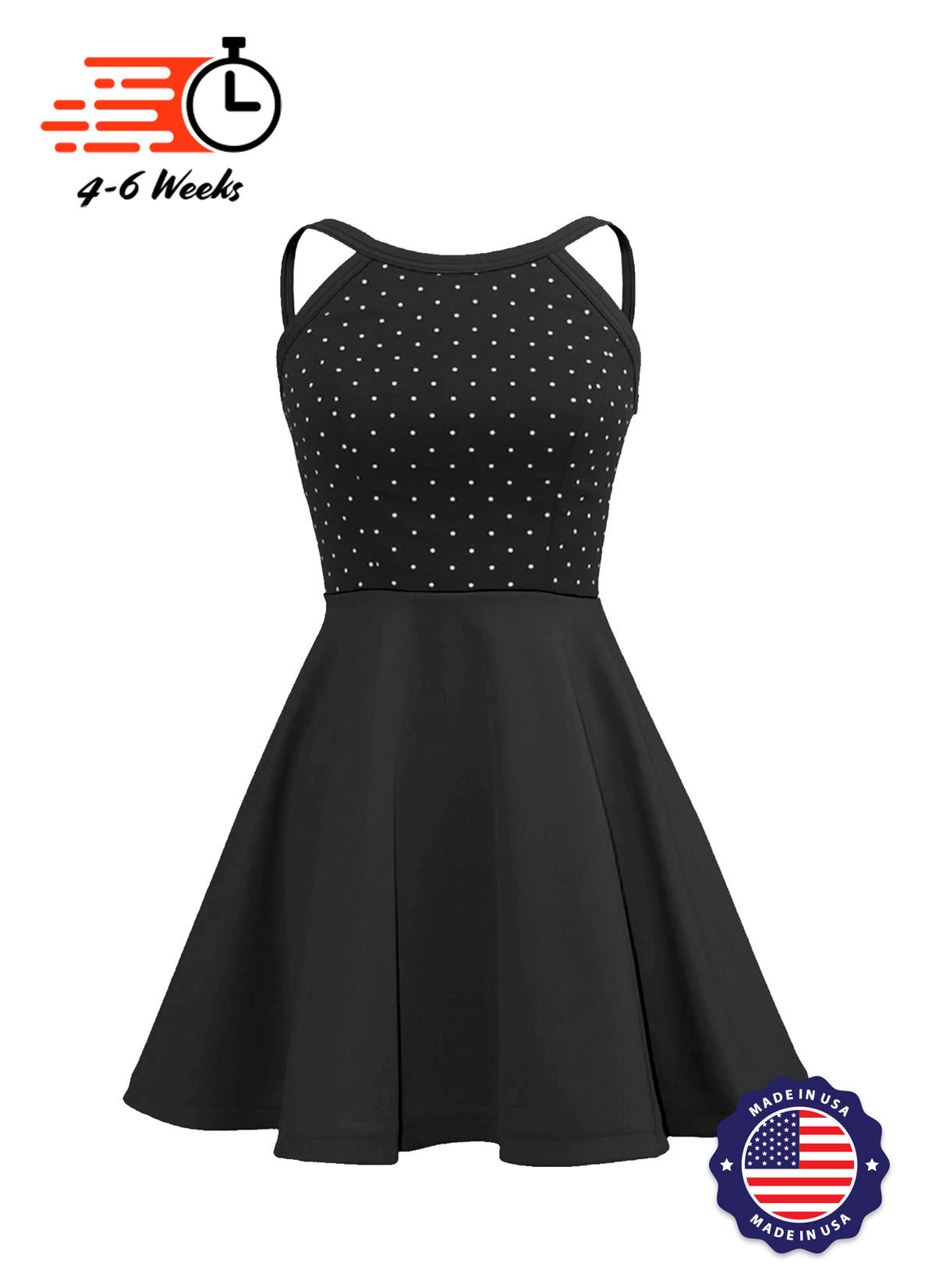 White Pin Dot on Black Bodice Knit Show Choir Dress - Ships 4 to 6 weeks