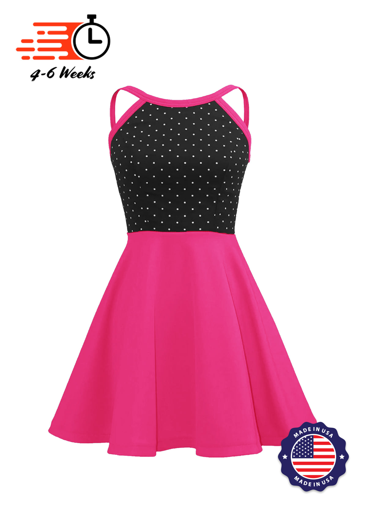 White Pin Dot on Black Bodice Knit Show Choir Dress - Ships 4 to 6 weeks