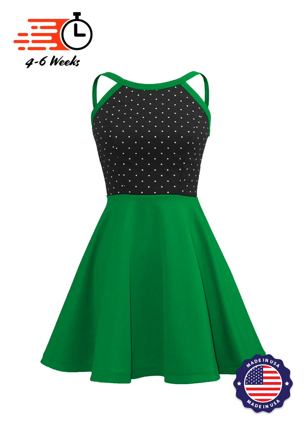 White Pin Dot on Black Bodice Knit Show Choir Dress - Ships 4 to 6 weeks