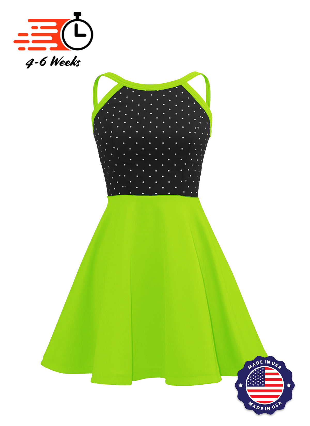 White Pin Dot on Black Bodice Knit Show Choir Dress - Ships 4 to 6 weeks