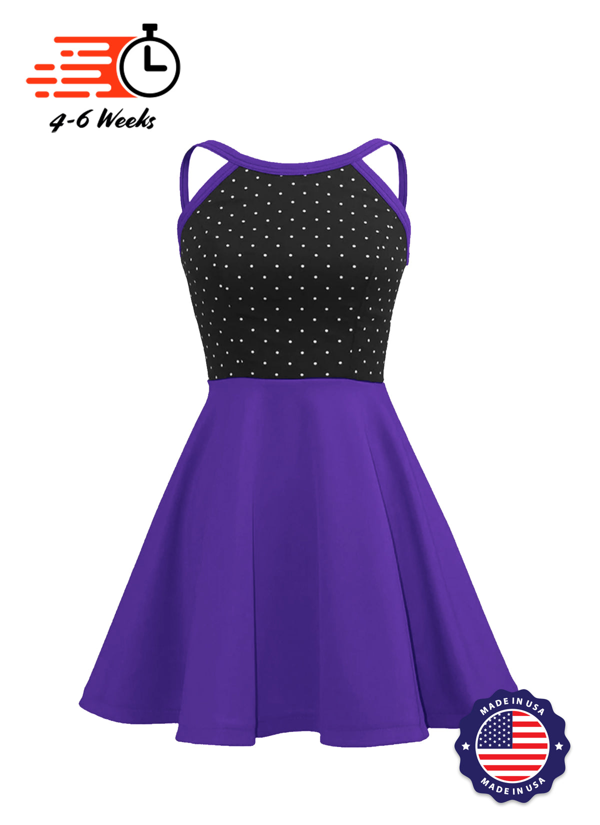 White Pin Dot on Black Bodice Knit Show Choir Dress - Ships 4 to 6 weeks