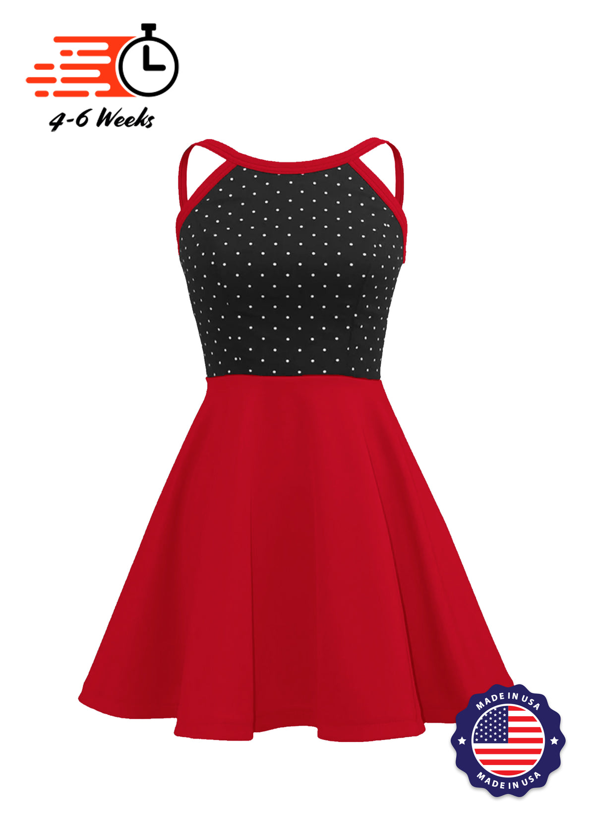White Pin Dot on Black Bodice Knit Show Choir Dress - Ships 4 to 6 weeks
