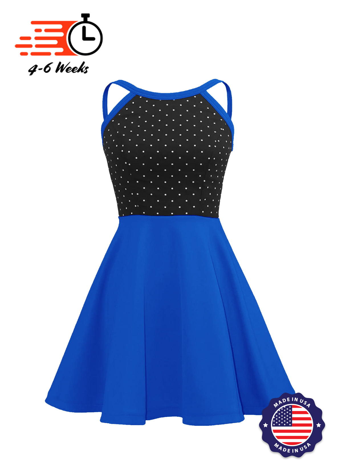 White Pin Dot on Black Bodice Knit Show Choir Dress - Ships 4 to 6 weeks