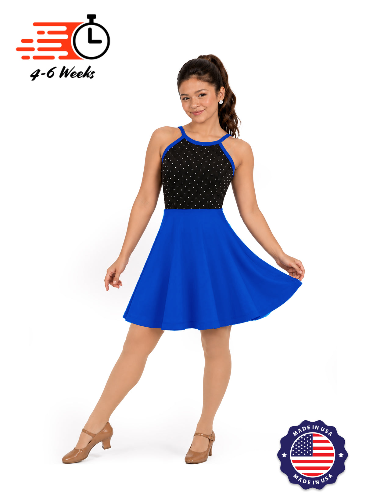 White Pin Dot on Black Bodice Knit Show Choir Dress - Ships 4 to 6 weeks