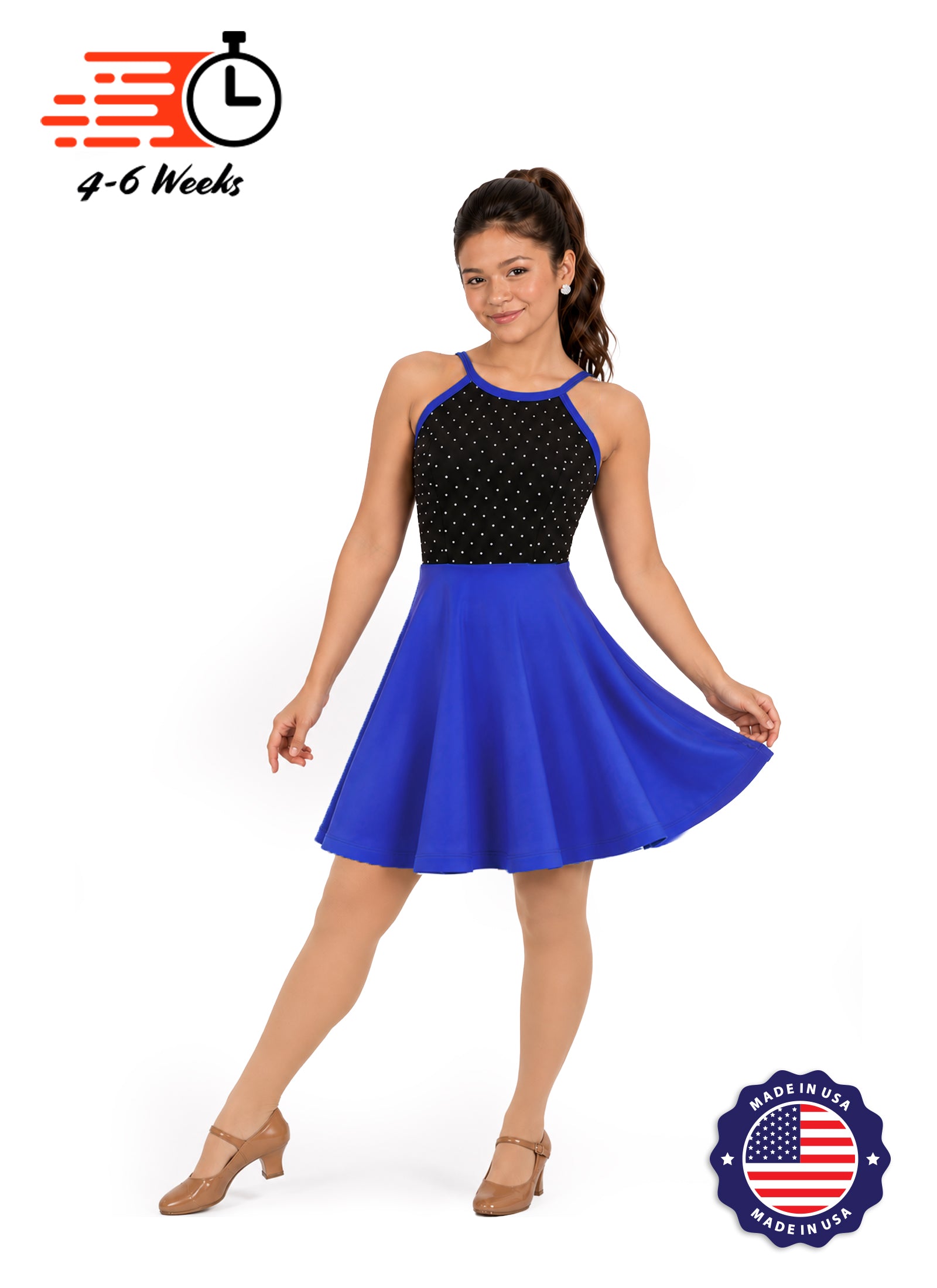 White Pin Dot on Black Bodice Knit Show Choir Dress - Ships 4 to 6 weeks