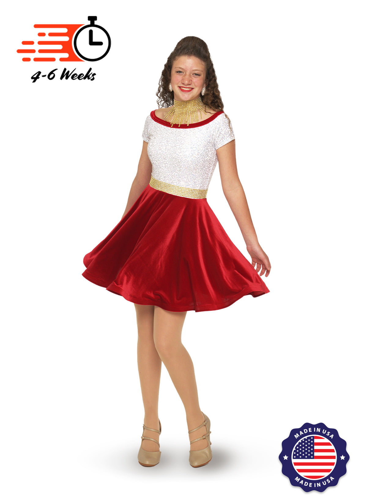 Holiday White/Silver Holo Stretch Sequin Boat Neck DANCER w/ Velvet Skirt and Faux Rhinestone Belt