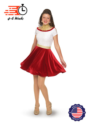 Holiday White/Silver Holo Stretch Sequin Boat Neck DANCER w/ Velvet Skirt and Faux Rhinestone Belt