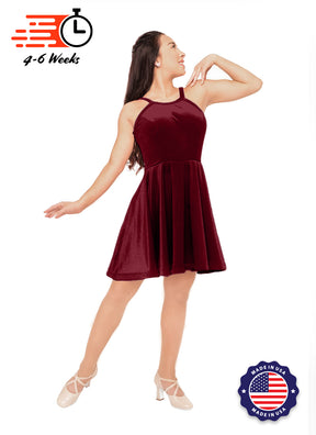 The DANCER Burgundy Stretch Velvet Show Choir Dress w/model front