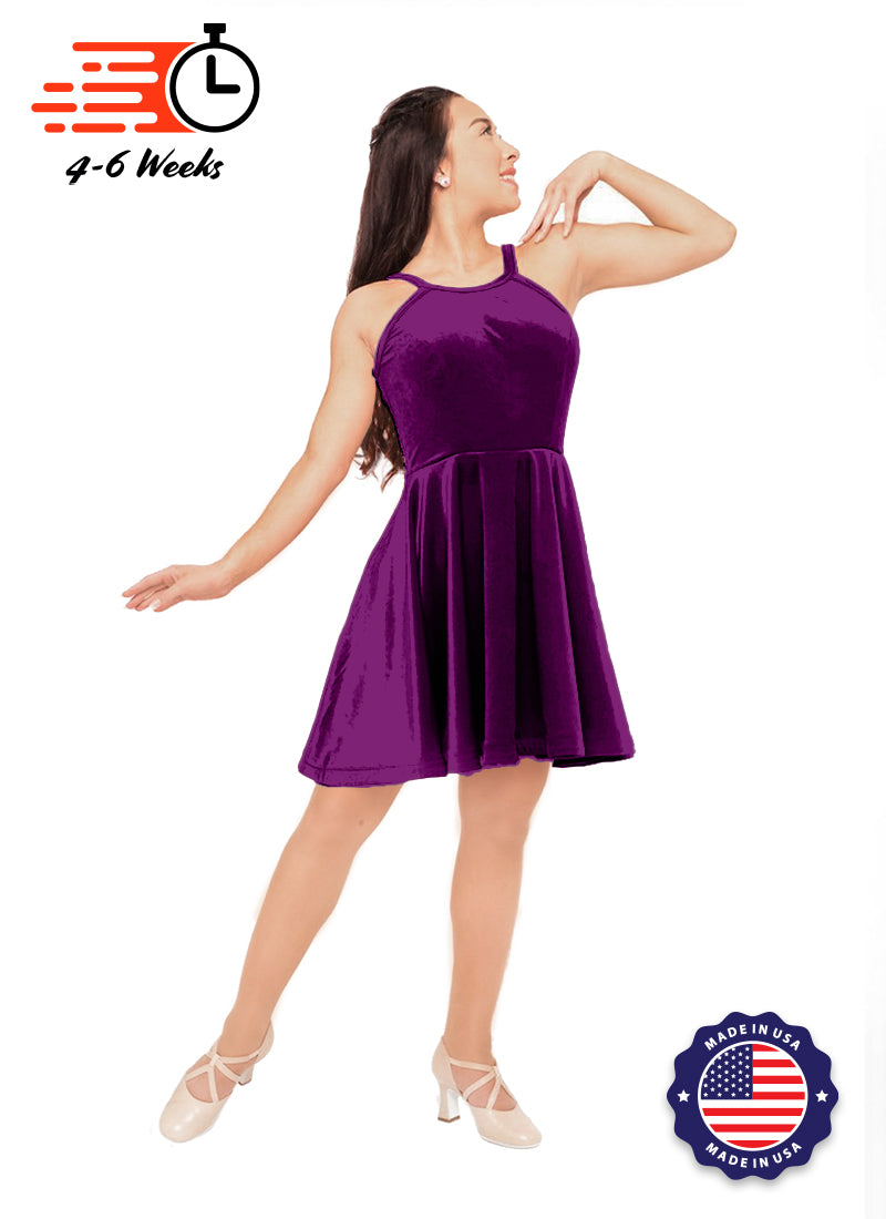 The DANCER Plum Stretch Velvet Show Choir Dress w/model front