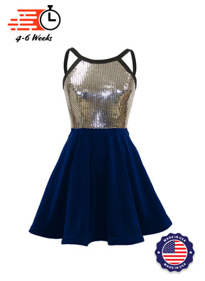 Silver Disco Ball Sequin/Navy Blue Stretch Velvet Show Choir Dress front