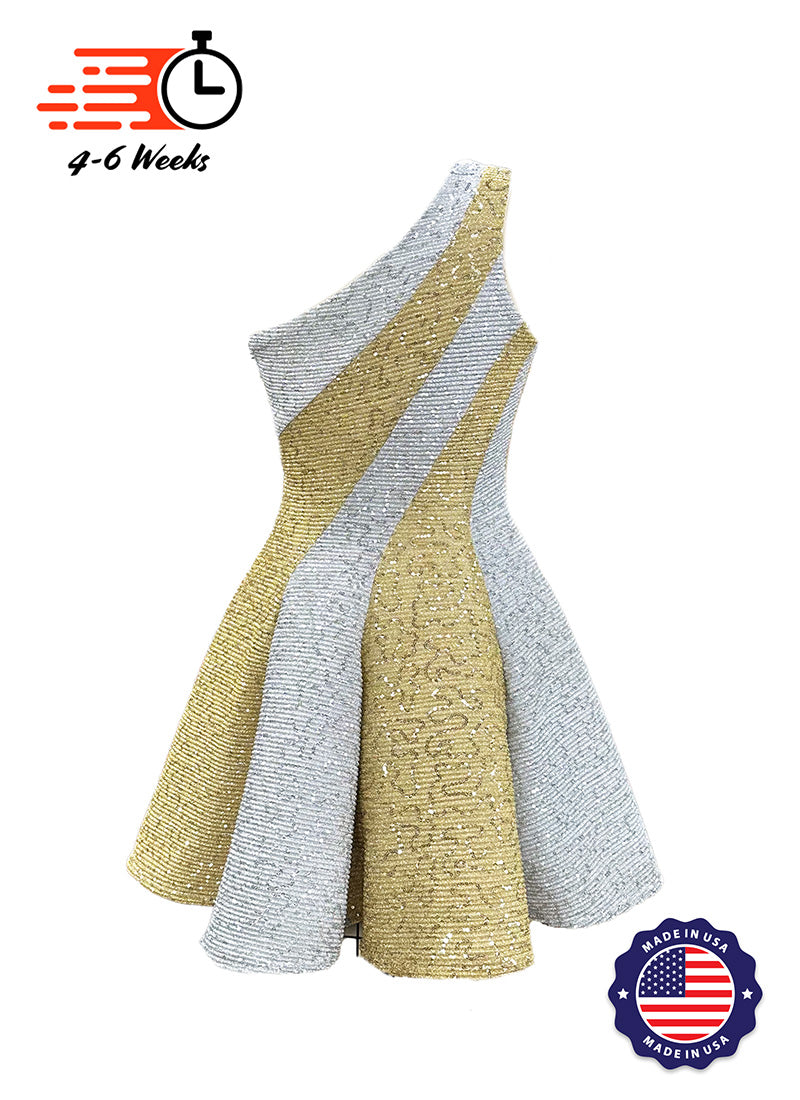 Spiral Panel Crinkle Metallic Gold/Silver Sequin Show Choir Dress - Ships 4 to 6 weeks