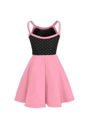 White Pin Dot on Black Bodice/Candy Pink Knit Show Choir Dress Back