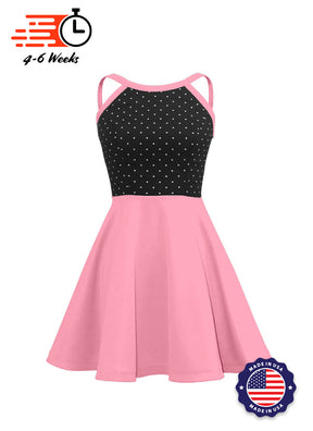 White Pin Dot on Black Bodice/Candy Pink Knit Show Choir Dress Front