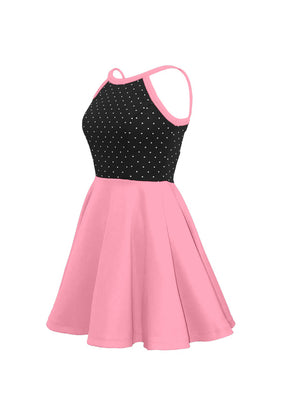 White Pin Dot on Black Bodice/Candy Pink Knit Show Choir Dress Side