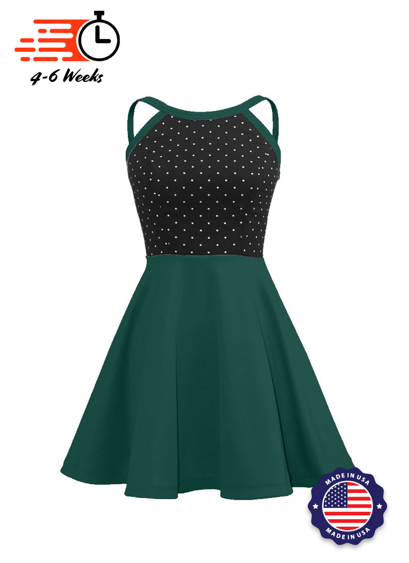 White Pin Dot on Black Bodice/Hunter Green Knit Show Choir Dress front