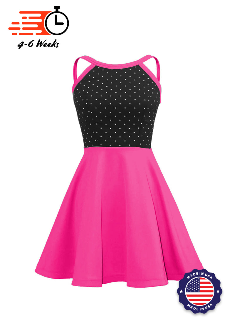 open lace back dress White Pin Dot On Black Bodice Knit Show Choir Dress - Pinks & Purples