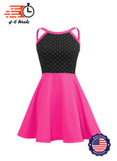 White Pin Dot on Black Bodice/Hot Pink Knit Show Choir Dress Front