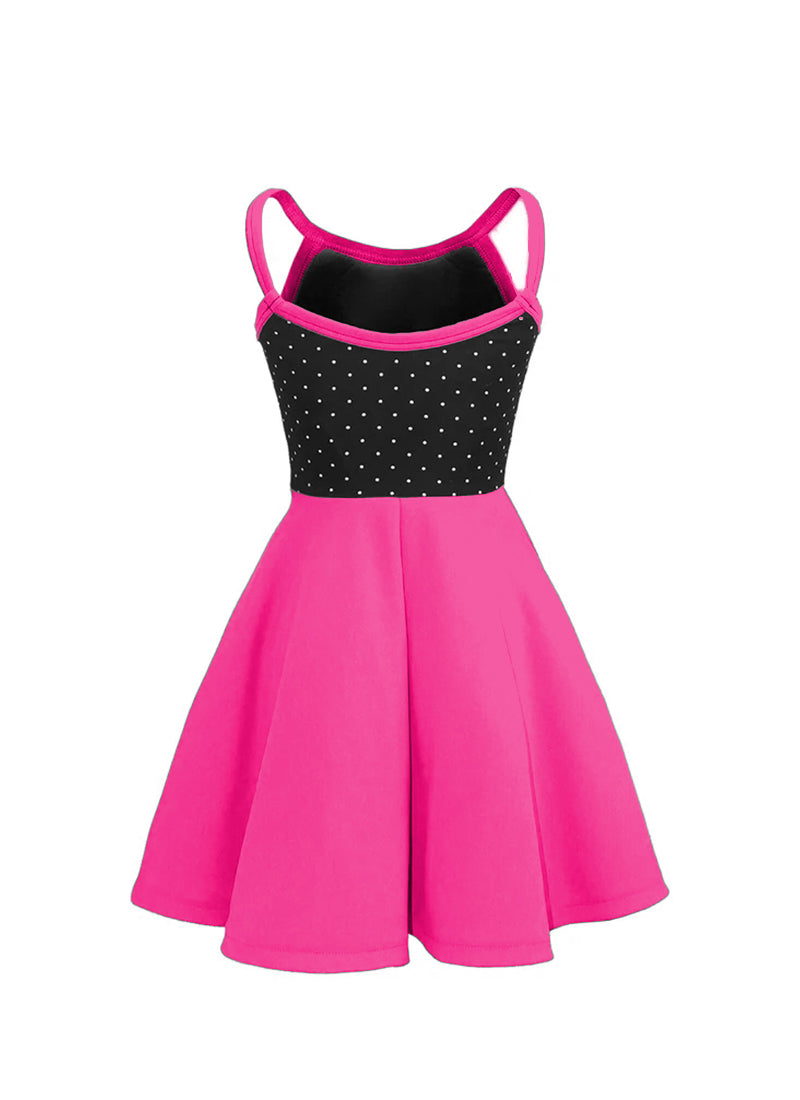 White Pin Dot on Black Bodice/Hot Pink Knit Show Choir Dress Back