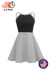 White Pin Dot on Black Bodice/Light Grey Knit Show Choir Dress front