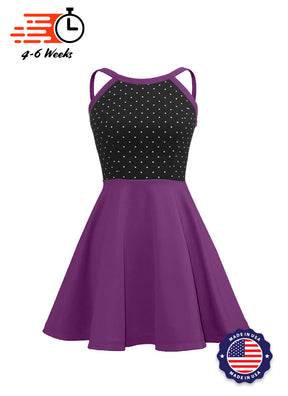 White Pin Dot on Black Bodice/Magenta Knit Show Choir Dress front