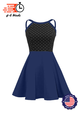 White Pin Dot on Black Bodice/Navy Blue Knit Show Choir Dress front