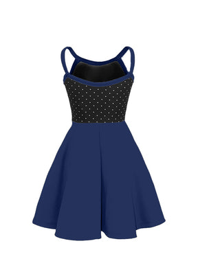 White Pin Dot on Black Bodice/Navy Blue Knit Show Choir Dress back