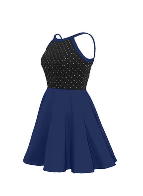 White Pin Dot on Black Bodice/Navy Blue Knit Show Choir Dress side