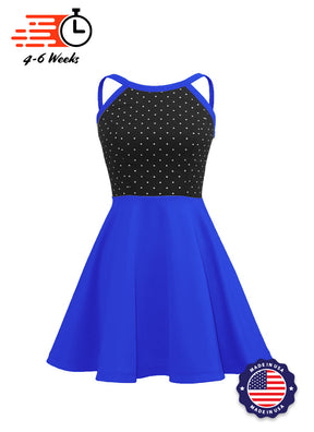 White Pin Dot on Black Bodice/Royal Blue Knit Show Choir Dress front