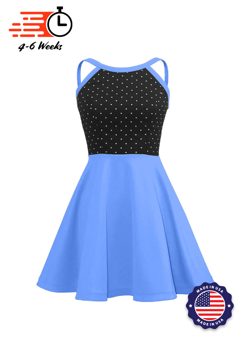 White Pin Dot on Black Bodice/Sky Blue Knit Show Choir Dress front