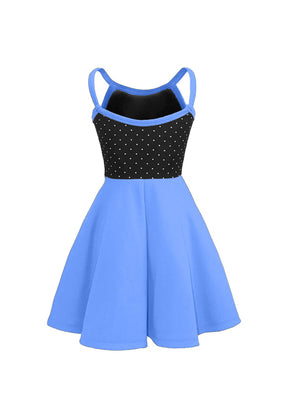 White Pin Dot on Black Bodice/Sky Blue Knit Show Choir Dress back